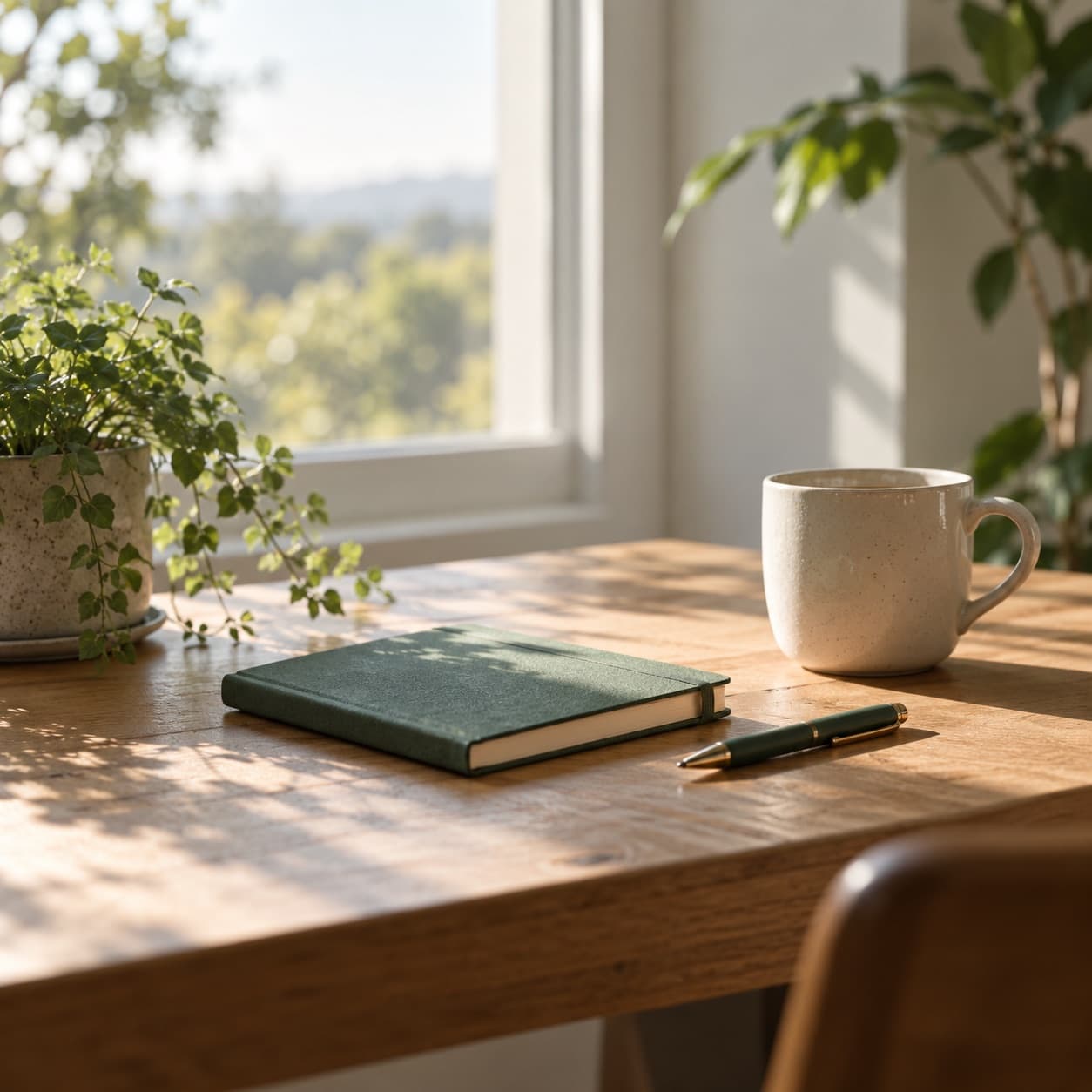 A desk by a window: a notebook, a pen, a cup.